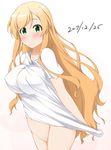  bangs blonde_hair blush bottomless breasts covered_nipples dated eyebrows_visible_through_hair futsuu_no_joshikousei_ga_locodol_yattemita green_eyes hinata_masaki kohinata_yukari large_breasts long_hair looking_at_viewer navel nose_blush shirt shirt_tug smile solo t-shirt very_long_hair white_shirt 