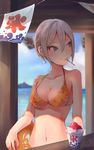  bangs bikini breasts cleavage earrings grey_eyes grey_hair hair_between_eyes highres idolmaster idolmaster_cinderella_girls idolmaster_cinderella_girls_starlight_stage jewelry large_breasts light_blush looking_to_the_side meiyan_(boyimachao) navel ocean orange_bikini parted_bangs shaved_ice shiomi_shuuko short_hair side-tie_bikini solo spoon_in_mouth swimsuit 