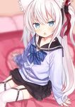  :o alternate_costume azur_lane bangs bed black_sailor_collar black_skirt blouse blue_eyes blue_neckwear blurry blurry_background bow bowtie capriccio cardigan chestnut_mouth depth_of_field eyebrows_visible_through_hair fingernails garter_straps hair_between_eyes hammann_(azur_lane) long_hair long_sleeves looking_at_viewer md5_mismatch on_bed parted_lips pleated_skirt purple_cardigan sailor_collar school_uniform serafuku silver_hair sitting skirt sleeves_past_wrists solo thighhighs twintails v-shaped_eyebrows very_long_hair white_legwear 