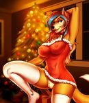  2017 anthro black_nose blue_eyes breasts canine christmas christmas_tree clothing female fox grace_kaiser hair hand_behind_head hi_res holidays legwear long_hair looking_at_viewer mammal multicolored_hair nipple_bulge no_underwear open_mouth porin pussy solo tree two_tone_hair 