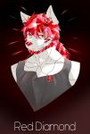  2018 anthro canine fur hair land_of_the_lustrous looking_at_viewer male mammal mineral_fauna muscular muscular_male ponytail red_eyes red_hair shiny smile solo white_fur wolf 纯音_泉几 