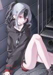  1girl absurdres ass black_hair black_sweater blue_archive grey_hair highres hood hooded_sweater kayoko_(blue_archive) long_hair looking_at_viewer miku_rasha multicolored_hair ponytail red_eyes sitting solo sweater two-tone_hair 