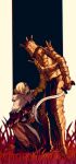  1boy 1girl anastacia_of_astora armor black_background blonde_hair border cape chinese_commentary closed_mouth commentary_request dark_souls_(series) dark_souls_i dress english_commentary full_armor full_body gold_armor grass grey_border grey_cape grey_dress hair_bun highres holding holding_sword holding_weapon kneeling knight_lautrec_of_carim looking_at_another medium_hair mixed-language_commentary own_hands_together standing sword tworain_w weapon 