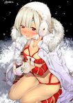  altera_(fate) altera_the_santa bangs blush can choker coat commentary_request dark_skin detached_sleeves earmuffs fate/grand_order fate_(series) fur_trim gintarou_(kurousagi108) holding jacket_on_shoulders mittens navel open_mouth red_choker red_eyes short_hair sitting smile snow solo veil wariza white_hair 