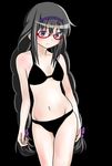  akemi_homura bikini black_background black_bikini black_hair blush braid breasts eyebrows_visible_through_hair glasses groin hairband knives_(knives777) long_hair mahou_shoujo_madoka_magica navel purple_eyes red-framed_eyewear semi-rimless_eyewear small_breasts swimsuit thigh_gap twin_braids twintails under-rim_eyewear very_long_hair 