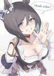  1girl absurdres animal_ears black_hair blue_eyes bob_cut breasts choker cleavage commentary dirndl ear_scrunchie eishin_flash_(umamusume) german_clothes german_text hair_between_eyes highres horse_ears horse_girl large_breasts long_sleeves looking_at_viewer ponimeri red_choker scrunchie short_hair simple_background smile solo swept_bangs umamusume white_background white_scrunchie 