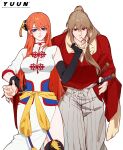  1boy 1girl aged_up artist_name assertive_female blue_eyes brown_hair china_dress chinese_clothes dress gintama highres japanese_clothes kagura_(gintama) katana kimono long_hair okita_sougo orange_hair red_eyes red_kimono signature sword weapon yuun_(yuun0110) 