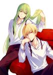  alternate_costume androgynous black_legwear blonde_hair collarbone commentary_request couch enkidu_(fate/strange_fake) eyebrows_visible_through_hair fate/grand_order fate/hollow_ataraxia fate/stay_night fate/strange_fake fate/zero fate_(series) gilgamesh green_eyes green_hair long_hair long_sleeves looking_at_viewer multiple_boys on_couch otoko_no_ko red_eyes shirt short_hair simple_background sitting tsurime white_background white_shirt xia_(ryugo) 