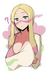  1girl :c ? bangs blonde_hair blue_eyes bra bra_strap breasts cleavage collarbone erect_nipples expressionless facepaint half-closed_eyes large_breasts long_hair looking_at_viewer matsurika_(pokemon) off_shoulder oversized_clothes oversized_shirt paint parted_bangs pink_bra pokemon pokemon_(game) pokemon_sm roresu shirt simple_background solo trial_captain underwear upper_body white_background white_shirt 
