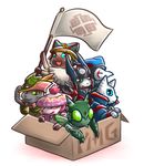  armor bell blue_eyes box canes-cm capcom cat coat costume feline felyne flag glavenus green_eyes group helmet holding_object in_box in_container looking_aside looking_at_viewer mammal mask mizutsune monster_hunter palico seltas simple_background video_games white_background 