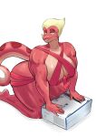 2024 5_fingers amphibia_(series) amphibian anthro artist_name bedroom_eyes big_breasts blonde_hair breasts cleavage clothed clothing disney female fingers general_yunan gift_wrapped hair half-closed_eyes hi_res huge_breasts kneeling looking_at_viewer muscular muscular_female narrowed_eyes newt playstation playstation_5 salamander seductive short_hair simple_background smile solo sony_corporation sony_interactive_entertainment teeth text thedarkzircon thick_thighs white_background