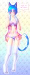  2017 5_fingers 5_toes abstract_background alternate_species animal_crossing animal_humanoid blue_eyes blue_hair blush bra cat_humanoid cherry clothed clothing dialogue digital_media_(artwork) english_text feline female food fruit full_portrait gloves hair humanoid legwear lingerie looking_at_viewer mammal navel nintendo panties rosie_(animal_crossing) solo speech_bubble standing stockings text toes tsiox underwear video_games 