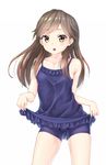  arashio_(kantai_collection) brown_eyes brown_hair double_frill_skirt_swimsuit frilled_swimsuit frills gotou_hisashi kantai_collection long_hair looking_at_viewer nontraditional_school_swimsuit one-piece_swimsuit open_mouth school_swimsuit skirt skirt_lift solo swimsuit white_background 