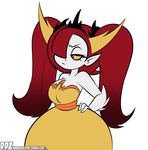  2017 breasts clothing crown dankodeadzone demon digital_media_(artwork) disney dress elbow_spikes eyelashes fangs female frown grumpy hair hair_over_eye half-closed_eyes hand_on_hip hekapoo hi_res horn humanoid long_hair not_furry orange_pupils pale_skin pigtails pointy_ears red_hair short_stack simple_background solo spikes star_vs._the_forces_of_evil tiara url white_background white_skin yellow_eyes 