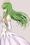  bangs breasts c.c. choker code_geass cowboy_shot detached_sleeves dress floating_hair from_side glowing glowing_eyes green_hair grey_background highres long_hair looking_at_viewer lucky_keai medium_breasts simple_background sleeveless sleeveless_dress smile solo standing strapless strapless_dress very_long_hair white_dress yellow_eyes 