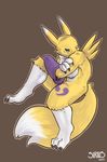  2017 3_toes brown_background canine claws clothing crossed_arms digimon digital_media_(artwork) dipstick_ears dipstick_tail fur gloves leg_markings mammal markings mostly_nude multicolored_tail outline renamon simple_background siriuswolfus socks_(marking) solo toe_claws toes yellow_fur 