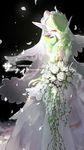  1girl 2017 artist_request bare_shoulders black_background bouquet breasts character_name dated detached_sleeves dress english female flower gardevoir green_hair hair_over_one_eye hands_up highres looking_at_viewer medium_breasts no_humans petals pokemon pokemon_(creature) pokemon_rse red_eyes rose short_hair signature simple_background smile solo standing text translated veil wedding_dress wedding_veil white_dress white_flower white_rose 