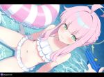  1girl 1other ahoge bare_shoulders bikini bikini_skirt blue_archive blush closed_mouth commentary flat_chest frilled_bikini frills giga-tera green_eyes halo halterneck highres horizontal_pupils kaya_(blue_archive) letterboxed long_hair looking_at_viewer navel petite pink_hair sidelocks sitting solo_focus stomach striped_innertube swim_ring swimsuit twitter_username water water_gun wet white_bikini yellow_halo 