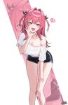  1girl alternate_costume artist_name bare_legs black_shorts breasts cleavage commentary_request dolphin_shorts fang feet_on_table goddess_of_victory:_nikke hair_intakes hair_ornament heart highres hyuiil365 korean_commentary large_breasts leaning_forward legs long_hair mast_(nikke) open_mouth pink_hair shirt shorts skin_fang skull_hair_ornament solo white_shirt zoom_layer 
