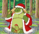  2017 anthro balls charmcharmcharm christmas clothed clothing crocodile crocodilian detailed_background digital_media_(artwork) erection holidays male outside overweight partially_clothed penis reptile santa_claus scalie smile solo swamp 