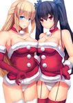  asymmetrical_docking bare_shoulders black_hair blonde_hair blue_eyes breast_press breasts christmas cleavage commentary_request daiaru dress dress_lift elbow_gloves fur_trim garter_straps gloves hair_ribbon highres large_breasts long_hair looking_at_viewer multiple_girls neptune_(series) noire red_dress red_eyes red_gloves red_legwear ribbon santa_costume sleeveless smile strapless strapless_dress thighhighs tube_dress twintails vert 