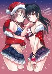  absurdres bad_id bad_pixiv_id bikini blue_eyes blue_hair breasts character_name christmas cropped_legs earrings frilled_bikini frills gloves grey_hair hair_bun hat highres hyugo jewelry long_hair looking_at_viewer love_live! love_live!_sunshine!! medium_breasts merry_christmas multiple_girls navel one_eye_closed purple_eyes red_gloves santa_costume santa_hat short_hair side_bun sketch smile star swimsuit swimsuit_under_clothes tsushima_yoshiko watanabe_you 