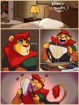 2024 3:4 anthro bed blue_eyes clothed clothing comic danyredlion dirty_jockstrap felid furniture hair heart_symbol hi_res innocent_expression innocent_smile jockstrap jockstrap_on_face lion male mammal mane musk pantherine red_hair shirt smelly sniffing sniffing_clothes solo stained_clothing topwear underwear underwear_sniffing wide_eyed