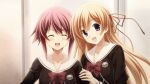  2girls black_dress black_jacket black_trim bow breasts chaos;child chest_bow closed_eyes collarbone cropped_jacket dot_nose dress ears_visible_through_hair facing_viewer game_cg hair_between_eyes hair_ribbon hand_on_another&#039;s_arm happy hekiho_academy hekiho_academy_uniform highres jacket kurusu_nono leaning_on_person long_hair long_sleeves looking_at_viewer medium_breasts multiple_girls official_art onoe_serika open_mouth orange_hair pink_hair pink_lips purple_eyes red_ribbon ribbon sailor_collar sailor_shirt sasaki_mutsumi school_uniform shiny_lips shirt short_hair short_hair_with_long_locks sidelocks smile swept_bangs tongue white_sailor_collar white_trim 