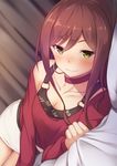  :3 bang_dream! bed_sheet blush bra breasts brown_hair choker cleavage clenched_hand closed_mouth clothes_writing collarbone commentary_request dutch_angle green_eyes hair_between_eyes highres imai_lisa lips long_hair long_sleeves looking_at_viewer lying medium_breasts miniskirt momo_no_kanzume off_shoulder on_bed on_side pillow rating red_choker red_shirt shirt single_bare_shoulder skirt smile solo underwear white_skirt 