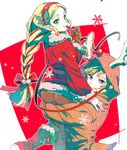  1girl animal_costume antlers ass blonde_hair blue_eyes braid carrying christmas green_eyes hat link long_hair looking_at_viewer merry_christmas pointy_ears princess_zelda red_nose reindeer_antlers reindeer_costume santa_costume santa_hat shuri_(84k) smile the_legend_of_zelda the_legend_of_zelda:_breath_of_the_wild 