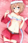  bad_id bad_pixiv_id bed blanc blue_eyes blush brown_hair christmas fur_trim hat highres looking_at_viewer lying navel neptune_(series) on_back on_bed sexually_suggestive shironeko_haru solo 