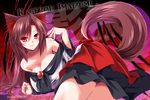  animal_ears bare_shoulders blush breasts brown_hair character_name cleavage imaizumi_kagerou large_breasts long_hair lying nail_polish off_shoulder on_side red_eyes shiny shiny_hair smile solo tail touhou watermark wolf_ears wolf_tail yamu_(reverse_noise) 