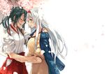  :d alternate_costume blush cherry_blossoms green_hair hairband highres jacket japanese_clothes kantai_collection long_hair looking_at_another multiple_girls open_mouth shoukaku_(kantai_collection) smile tears tendou_itsuki twintails white_background white_hair yuri zuikaku_(kantai_collection) 
