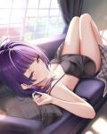  1girl akiei black_dress blunt_bangs breasts cleavage couch diagonal_bangs dress earrings highres idolmaster idolmaster_shiny_colors indoors jewelry long_hair looking_at_viewer lying medium_breasts nail_polish on_back on_couch purple_eyes purple_hair sleeveless sleeveless_dress solo spaghetti_strap tanaka_mamimi twitter_username 
