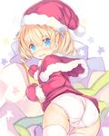  bangs blonde_hair blue_bow blue_eyes blush bow capelet eyebrows_visible_through_hair fur-trimmed_capelet fur-trimmed_hat fur-trimmed_sleeves fur_trim hair_between_eyes hair_bow hat kurasuke looking_at_viewer mittens no_pants original panties parted_lips red_capelet red_hat red_mittens red_shirt ringlets santa_costume santa_hat shirt solo star thighhighs twintails underwear white_legwear white_panties 