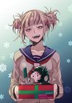  1girl bangs blonde_hair blunt_bangs boku_no_hero_academia cardigan character_doll double_bun fangs gift hair_bun jin_amber knife messy_hair midoriya_izuku open_mouth serafuku solo stuffed_toy toga_himiko upper_body weapon yellow_eyes 