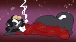 16:9 black_body black_fur brown_eyes cigarette cigarette_in_mouth cigarette_smoke clothing dress female fur mammal mephitid object_in_mouth posing_for_the_viewer red_clothing red_dress seductive skunk skunk_tail smoke sparkles sparkling_clothing sparkling_dress stripes trevor-fox white_body white_fur white_stripes widescreen
