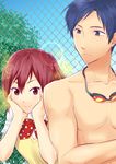  1girl apolix blue_hair blue_sky bow brown_eyes brown_hair chain-link_fence collarbone day fence free! goggles hands_on_own_cheeks hands_on_own_face matsuoka_gou outdoors polka_dot polka_dot_bow purple_eyes ryuugazaki_rei school_uniform shirtless sky smile 