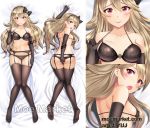  1girl ass ass_visible_through_thighs bare_shoulders bed_sheet beiyu black_bra black_gloves black_legwear black_panties blonde_hair blush bow bra breasts collarbone covered_nipples covering covering_ass covering_crotch dakimakura elbow_gloves female_my_unit_(fire_emblem_if) fire_emblem fire_emblem_if full_body garter_straps gloves hair_bow hairband knees_together_feet_apart long_hair looking_at_viewer looking_back medium_breasts midriff multiple_views my_unit_(fire_emblem_if) navel nintendo open_mouth panties pussy_juice red_eyes sideboob smile strap_pull tareme thighhighs underwear watermark web_address 