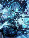  1girl blue_vest braid cryokinesis final_fantasy final_fantasy_xvi frost gloves glowing glowing_eyes grey_hair holding holding_sword holding_weapon ice_shard jill_warrick leather_vest long_hair long_skirt looking_at_viewer looking_down parted_lips rapier single_braid single_glove skirt solo sword tholia_bentz very_long_hair vest weapon 