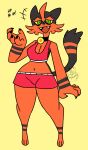 2023 anthro black_body black_fur breasts cleavage clothed clothing domestic_cat emanata fangs felid feline felis female fur generation_7_pokemon green_eyes hi_res laugh looking_at_viewer mammal markings navel nerdyreindeer nintendo open_mouth orange_body orange_fur pokemon pokemon_(species) pseudo_clothing simple_background smile solo striped_markings stripes teeth torracat yellow_background