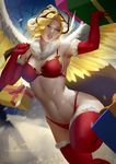  angel_wings bikini blonde_hair blue_eyes box breasts christmas commentary cowboy_shot dress elbow_gloves fake_antlers feathered_wings fur-trimmed_legwear fur_trim gift gift_box gloves holding holding_gift holding_sack leg_up looking_at_viewer medium_breasts mercy_(overwatch) navel outdoors overwatch parted_lips red_bikini red_dress red_gloves red_legwear sack santa_costume smile snow snowing solo swimsuit thighhighs wings yellow_wings zumi_(zumidraws) 