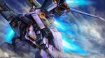 absurdres advance_of_zeta beam_rifle blue_eyes cloud company_name copyright_notice energy_gun flying gundam gundam_battle_operation_2 gundam_tr-1_hazel highres holding holding_weapon machinery mecha mecha_focus mobile_suit no_humans official_art painting_(medium) reaching reaching_towards_viewer reactive_armor realistic robot scan science_fiction solo sunrise_(company) tenjin_hidetaka thrusters titans_(gundam) titans_test_team_(gundam) traditional_media turning_around v-fin weapon 