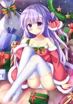 :o alternate_costume arm_support azur_lane bangs bare_shoulders blush box christmas christmas_wreath collarbone commentary detached_sleeves dress eyebrows_visible_through_hair fur-trimmed_dress fur-trimmed_sleeves fur_trim gift gift_box hair_bun hair_ribbon head_tilt holding holding_gift kedama_(kedama_akaza) long_hair long_sleeves looking_at_viewer no_shoes one_side_up panties parted_lips polka_dot purple_eyes purple_hair red_dress red_ribbon ribbon sack santa_costume side_bun sitting solo star strapless strapless_dress thighhighs underwear unicorn_(azur_lane) very_long_hair white_legwear white_panties wide_sleeves 