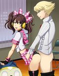  1boy 1girl ass bent_over black_legwear black_panties blonde_hair blue_eyes brown_eyes brown_hair doggystyle hair_bow headphones hetero kujikawa_rise kuma_(persona_4) persona persona_4 persona_4:_dancing_all_night ribbon sandyrex sex skirt thighhighs twintails underwear 