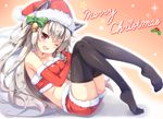 ;d animal_ears azur_lane bandeau bangs bare_shoulders bell black_legwear blush bow breasts christmas collarbone commentary ears_through_headwear elbow_gloves eyebrows_visible_through_hair fang fur-trimmed_gloves fur-trimmed_hat fur-trimmed_shorts fur_trim gloves green_bow grey_hair hair_bell hair_between_eyes hair_bow hair_ornament hat head_tilt holding holding_sack large_breasts long_hair looking_at_viewer merry_christmas midriff moeki_yuuta navel no_shoes one_eye_closed open_mouth purple_eyes red_bandeau red_gloves red_hat red_shorts sack santa_costume santa_gloves santa_hat shorts smile solo star thick_eyebrows thighhighs toe_scrunch very_long_hair wolf_ears yuudachi_(azur_lane) 