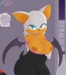  anthro big_breasts breasts brown_fur camel_toe chiropteran clothing dashboom flashing fur green_eyes hair half-closed_eyes makeup mammal nipples rouge_the_bat simple_background solo sonic_(series) text tight_clothing white_fur wings 