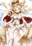  blonde_hair blush breasts corset crown drill_hair highres ice_crystal large_breasts magia_record:_mahou_shoujo_madoka_magica_gaiden mahou_shoujo_madoka_magica mullpull open_mouth ribbon solo striped striped_legwear thighhighs tomoe_mami turtleneck twin_drills vertical-striped_legwear vertical_stripes white_legwear yellow_eyes yellow_ribbon zettai_ryouiki 