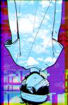  1boy 29000 ^_^ antenna_hair arms_at_sides bandage_over_one_eye bandaged_head bandages blue_sky chromatic_aberration closed_eyes closed_mouth cloud commentary_request falling glitch hair_behind_ear highres light_frown male_focus official_alternate_costume omori shirt short_hair short_sleeves sky solo star_(symbol) straight-on suicide sunny_(omori) upper_body upside-down 