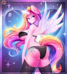  &lt;3 2017 anthro big_breasts bra breasts butt clothing crown cutie_mark equine eyebrows eyelashes feathered_wings feathers female friendship_is_magic hair hi_res horn koveliana legwear long_hair looking_at_viewer looking_back makeup mammal mascara multicolored_hair my_little_pony open_mouth panties presenting presenting_hindquarters princess_cadance_(mlp) purple_eyes raised_tail solo sparkles stockings under_boob underwear winged_unicorn wings 